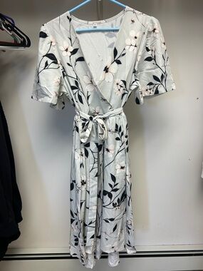 Floral Wrap Midi Dress in Pale Mint with Black & Blush Accents